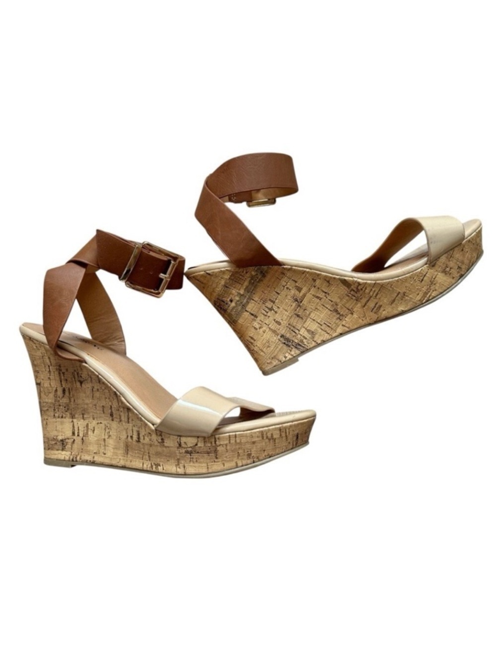 Call It Spring Cork Wedge Sandals Cognac Brown Beige Summer Casual - Size 6.5